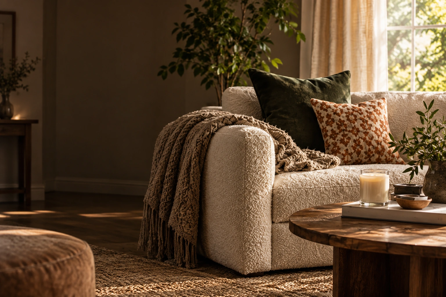 Room styling concept with cream upholstery, olive and rust cushions, a candle on a separate table, and warm window light.