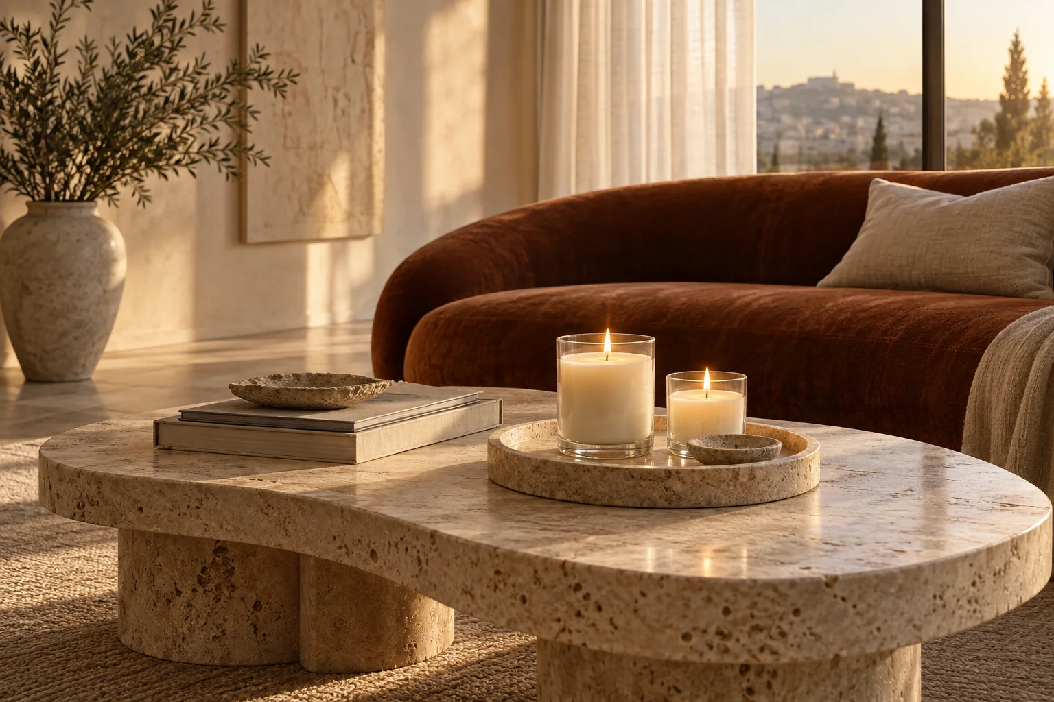 Illustrative candlelit interior with a travertine table, rust velvet sofa and soft afternoon light.