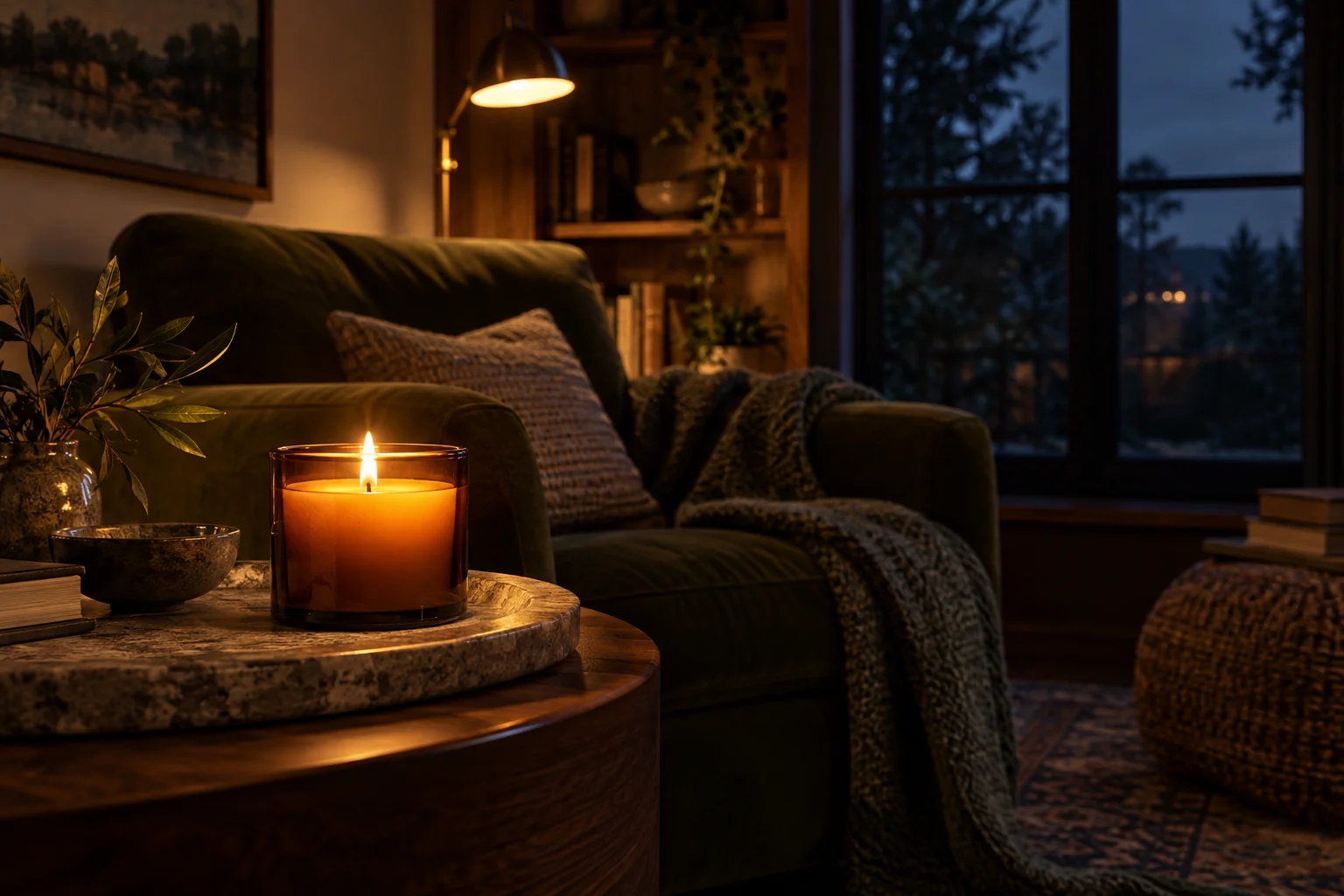 AI-generated evening mood: a glowing amber candle beside an olive reading chair after sunset.