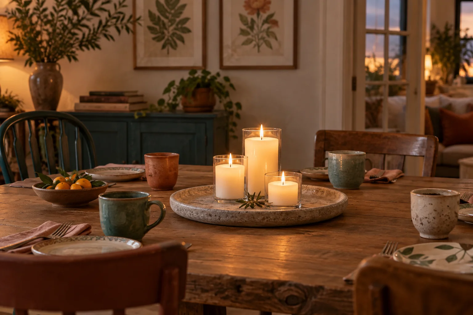 AI-generated gathering mood: three lit candles on a dining table set for friends.