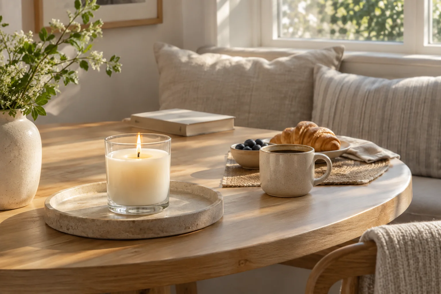 AI-generated morning mood: a lit candle beside breakfast in a sunlit nook.